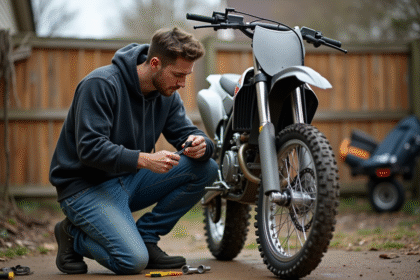 Jeune homme en hoodie répare une moto tout-terrain en extérieur