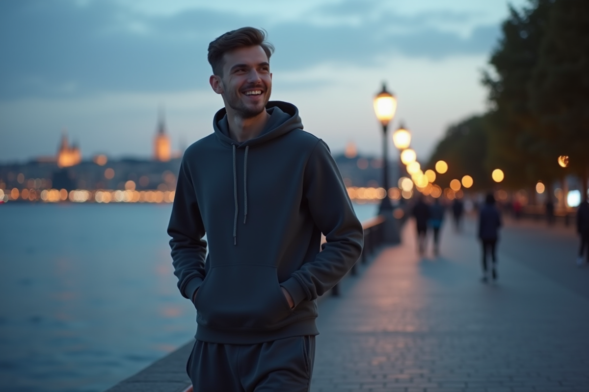 Jeune homme décontracté se promenant au bord de la rivière au crépuscule