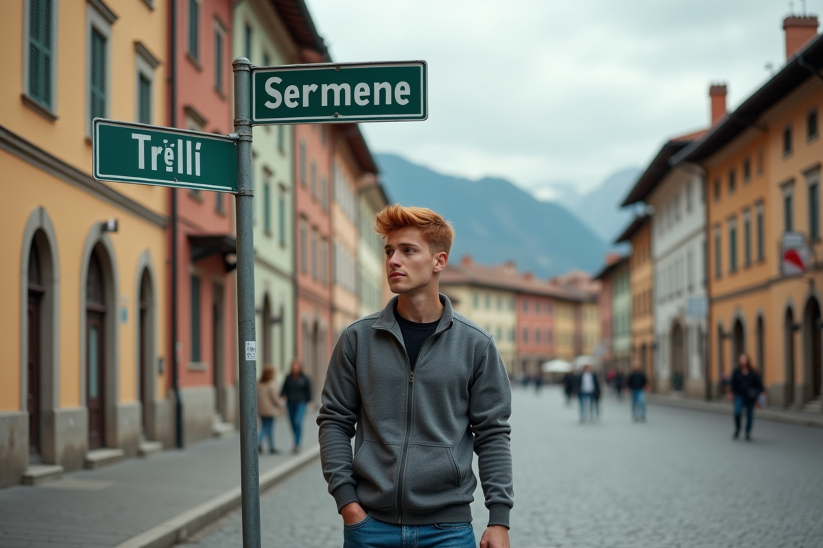 Jeune homme avec raquette devant panneau bilingue en ville
