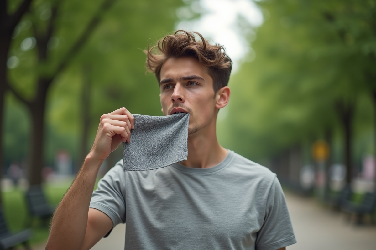 Jeune homme soufflant dans un tissu technique respirant en plein air
