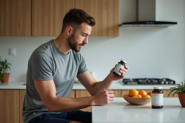 Jeune homme en cuisine examine vitamines et fruits frais
