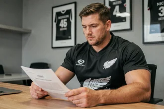 Joueur des All Blacks examinant son contrat professionnel dans un bureau de management sportif