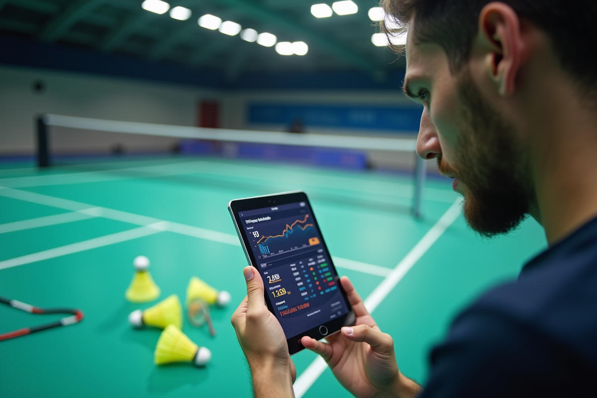 Joueur de badminton analysant statistiques sur une tablette
