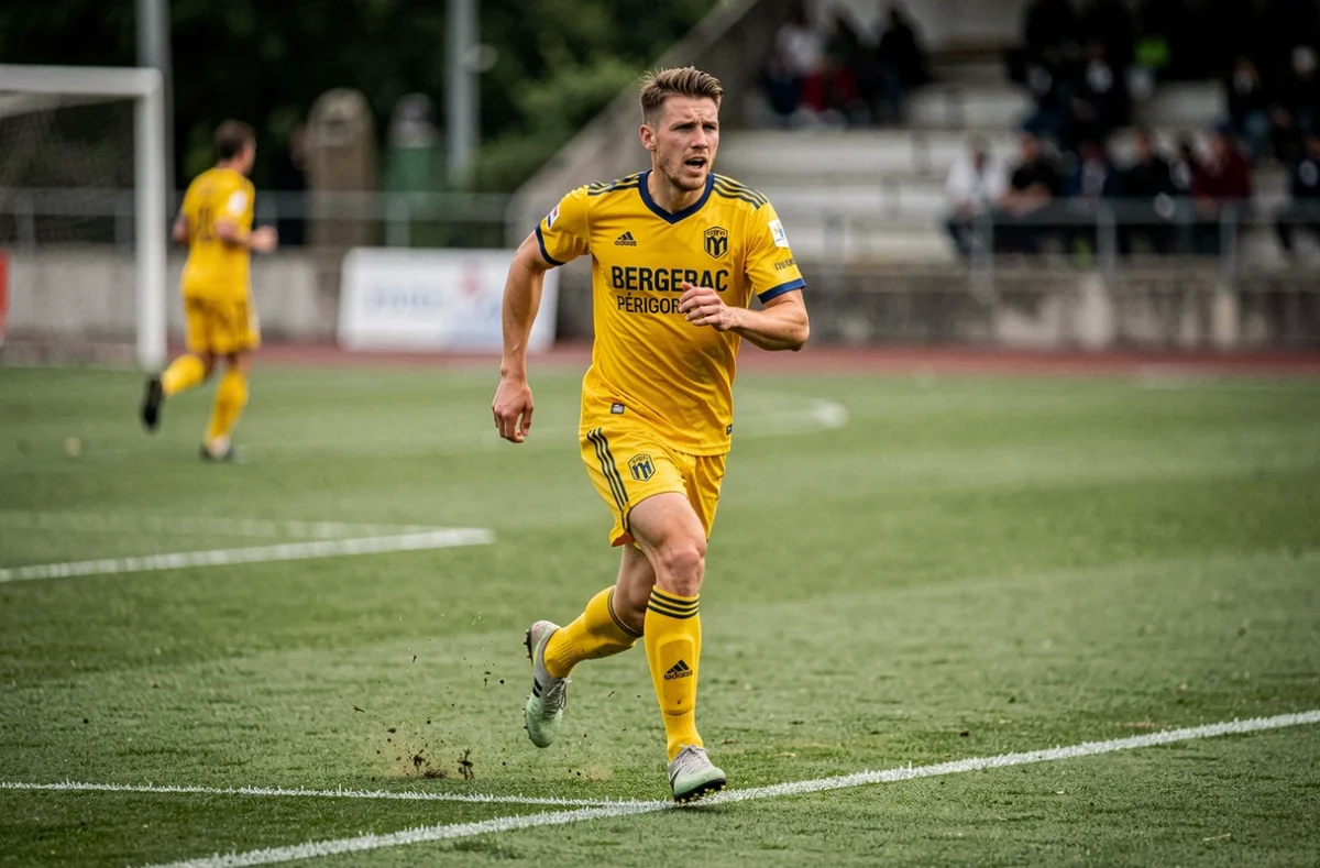 Joueur du Bergerac Périgord FC en action sur le terrain lors d'un match officiel de classement