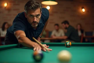 Joueur de billard adulte concentré visant la boule blanche avec un repère de placement précis sur un tapis vert professionnel