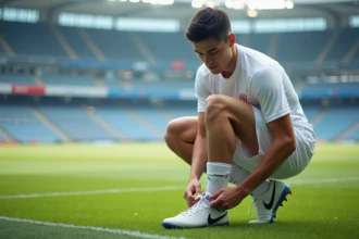 Jeune joueur de football en préparation sur le terrain