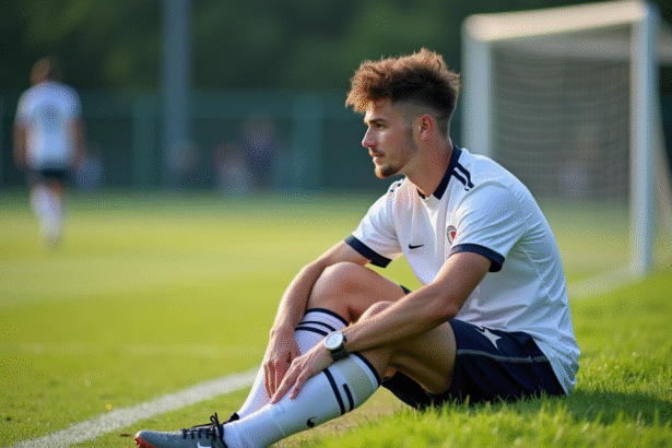 Jeune joueur de football en pleine séance d'étirement sur le terrain
