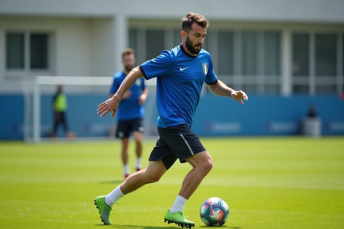 Footballeur de l'équipe nationale italienne exécutant un exercice de passe lors d'un entraînement sur le terrain
