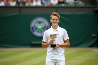 Jeune joueur de tennis junior tenant un trophée sur le court en gazon de Wimbledon lors de la remise des prix