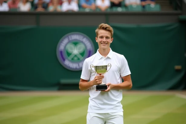 Jeune joueur de tennis junior tenant un trophée sur le court en gazon de Wimbledon lors de la remise des prix