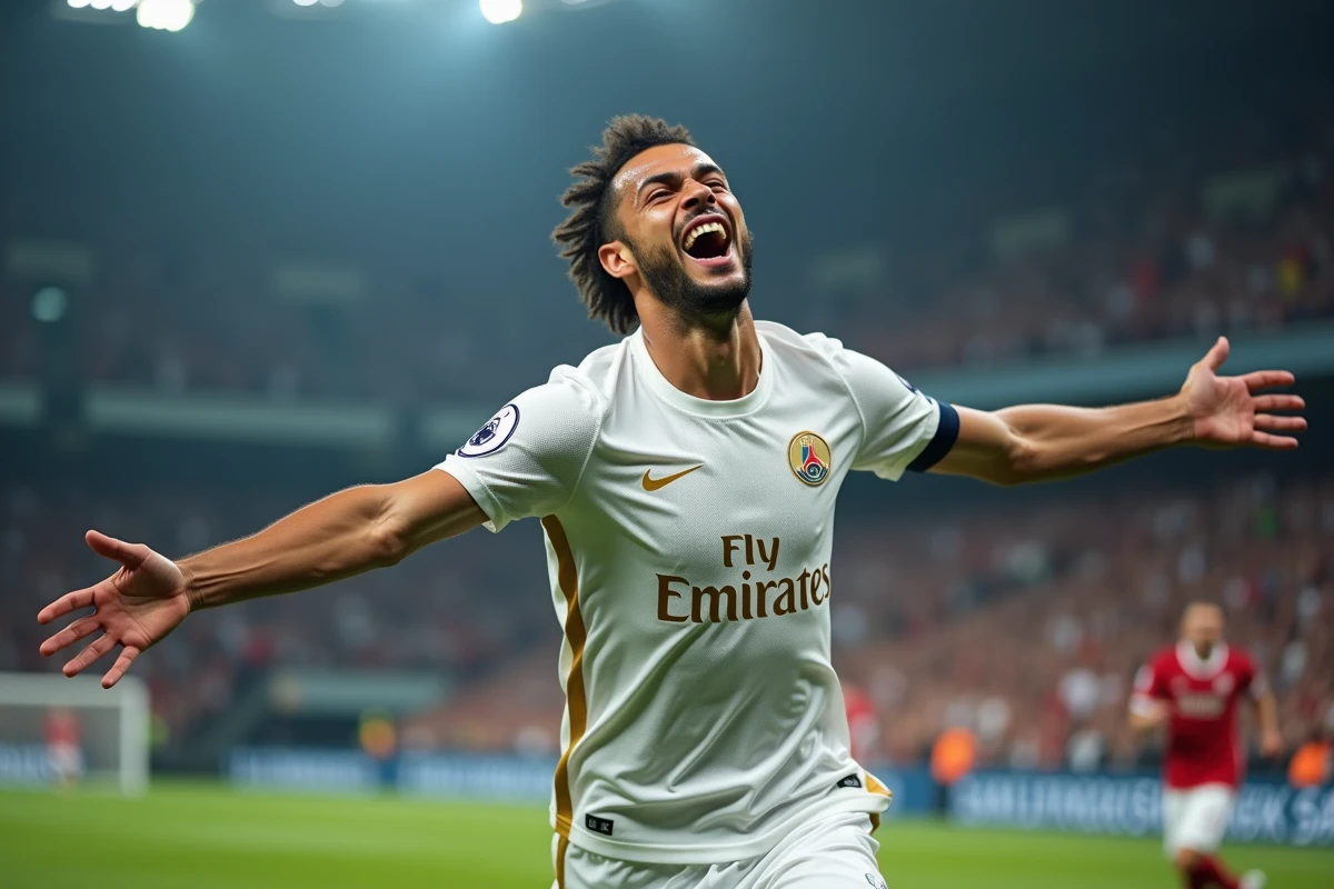 Joueur du PSG célébrant un but lors d'un match européen avec un jersey extérieur blanc