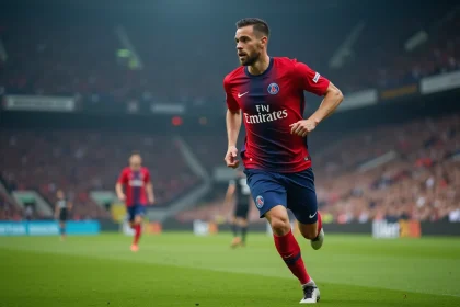Joueur du PSG en pleine course sur la pelouse du Parc des Princes lors d'un match de championnat