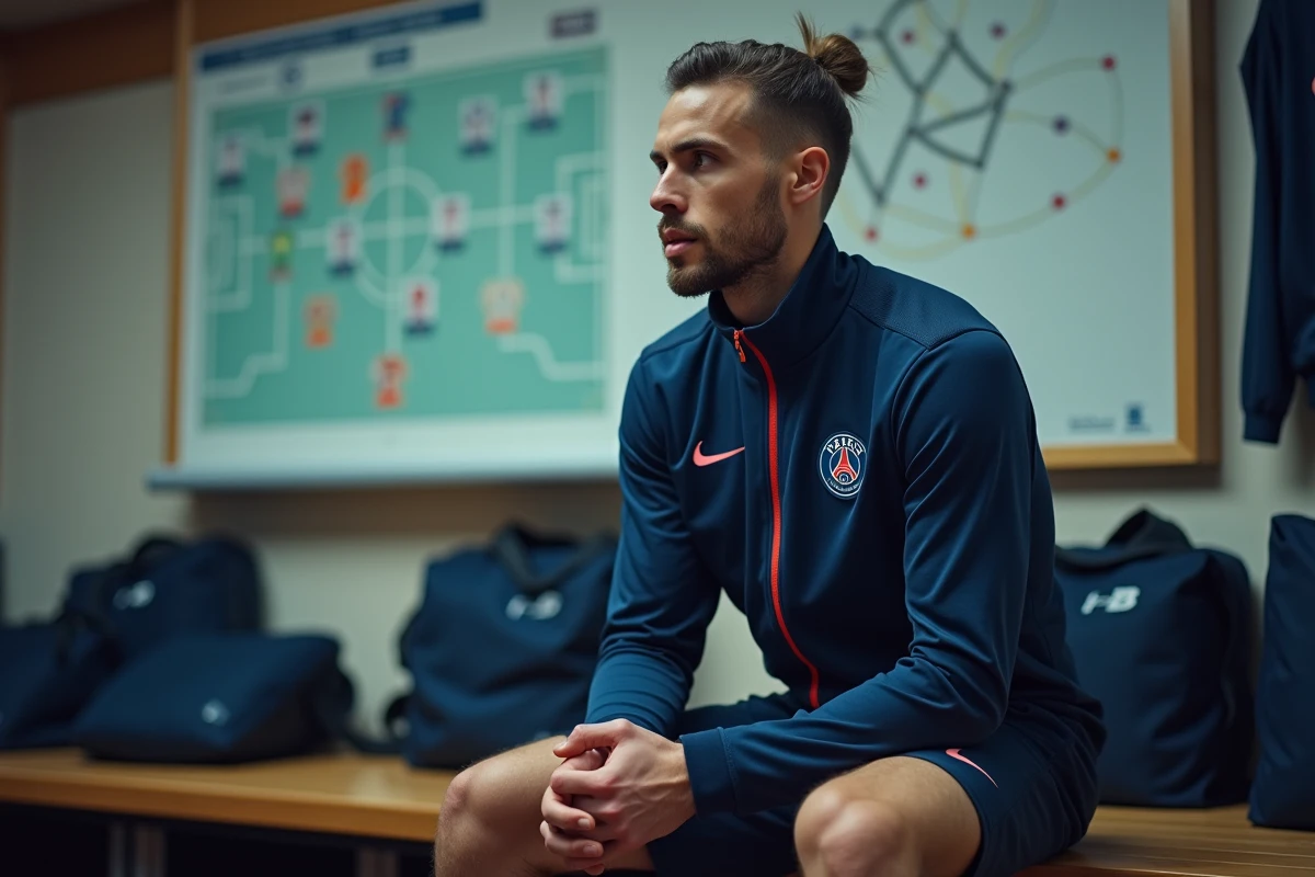 Joueur du PSG en réunion tactique dans le vestiaire du club avant un match de Ligue des Champions