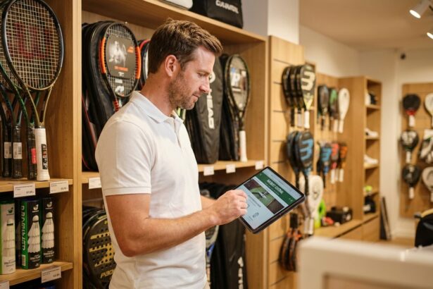Joueur de tennis consultant un site spécialisé raquettes sur tablette dans un magasin de sport
