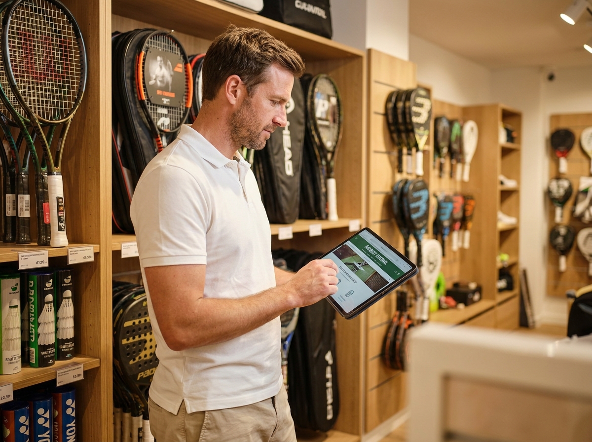 Joueur de tennis consultant un site spécialisé raquettes sur tablette dans un magasin de sport