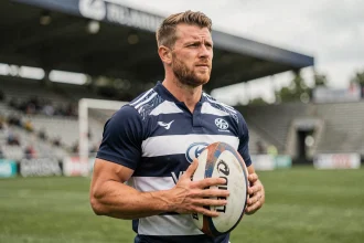 Joueur de rugby professionnel en maillot bleu et blanc tenant un ballon ovale sur la pelouse d'un stade, illustrant la prolongation de contrat d'un rugbyman à l'UBB