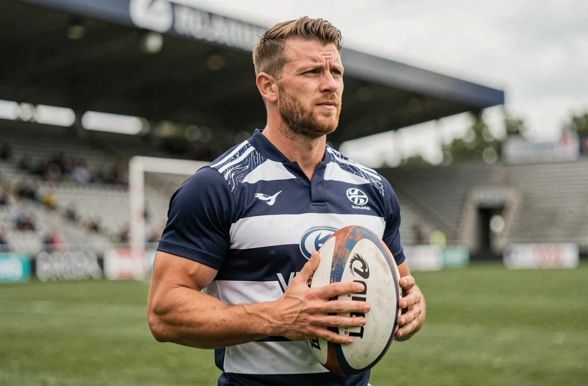 Joueur de rugby professionnel en maillot bleu et blanc tenant un ballon ovale sur la pelouse d'un stade, illustrant la prolongation de contrat d'un rugbyman à l'UBB