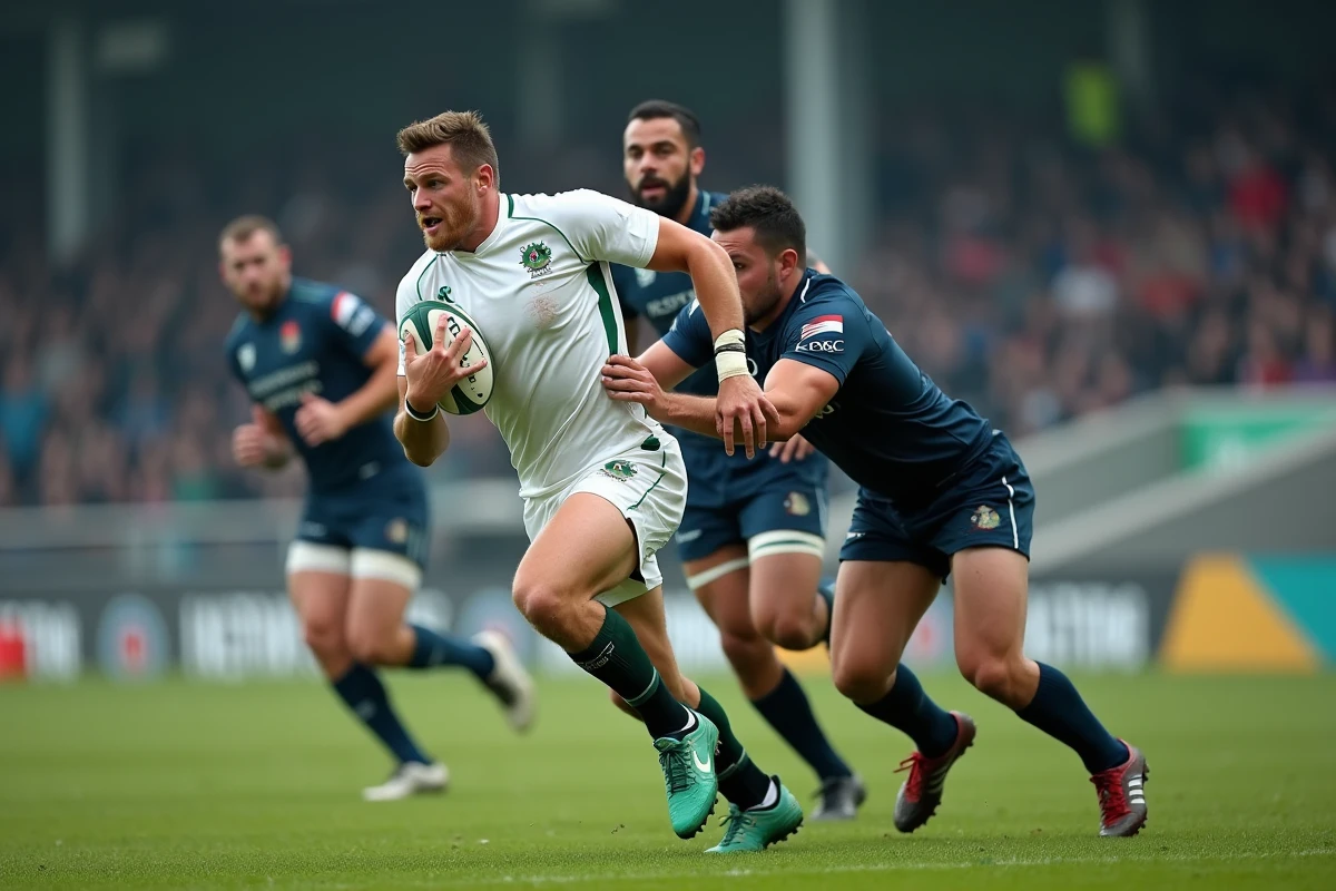 Un joueur de rugby Fédérale 2 franchit la défense adverse avec le ballon lors d'un match de championnat français