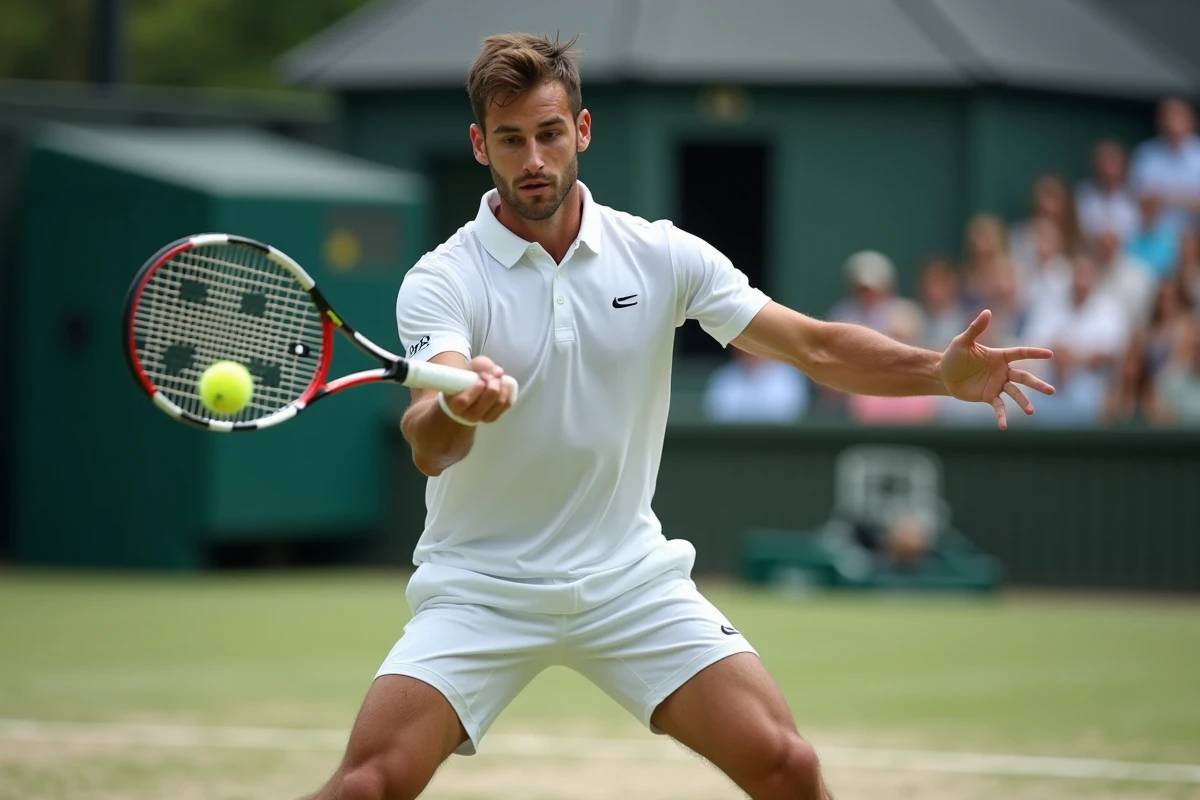 Joueur de tennis en action sur court extérieur en blanc