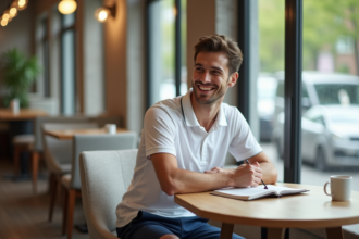 Jeune joueur de tennis souriant au café avec livre et café