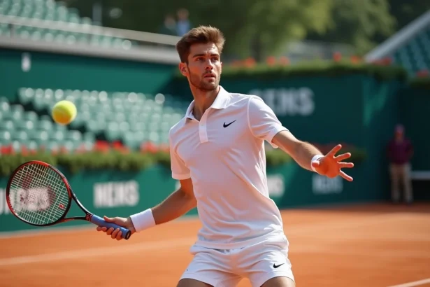 Joueur de tennis en pleine action sur terre battue