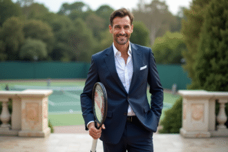 Homme tennisman élégant en costume navy souriant