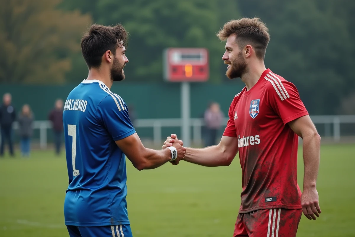 Joueurs amateurs se serrant la main après un match de football dans le district de l'Aisne