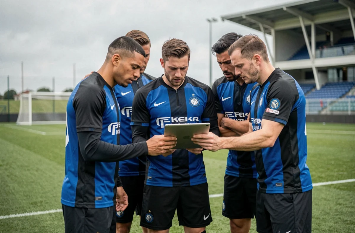 Joueurs de l'Inter Milan analysant des images vidéo sur tablette lors d'une séance d'entraînement de préparation à la Ligue des Champions