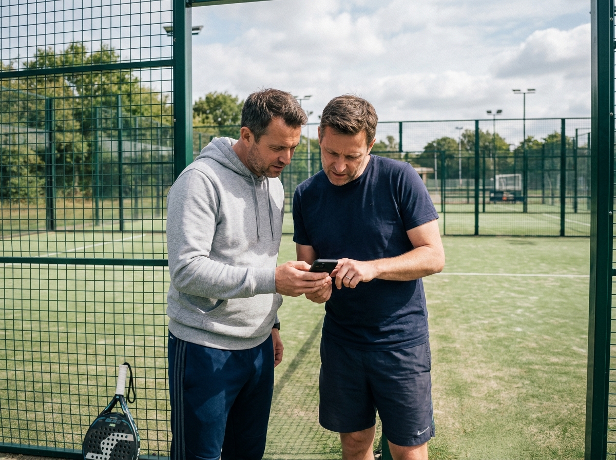 Deux joueurs de padel consultant un site spécialisé raquettes sur smartphone au bord du court