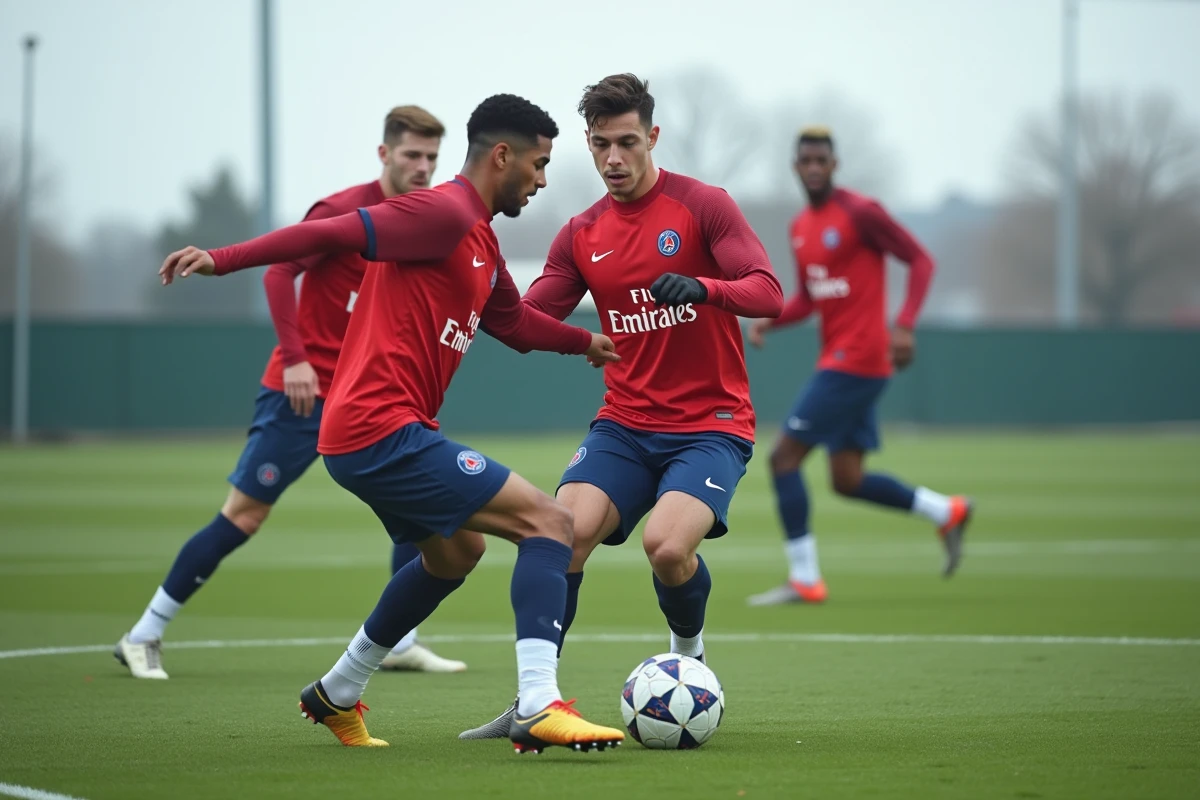 Deux joueurs du PSG à l'entraînement travaillant un exercice de pressing sur le terrain d'entraînement du club