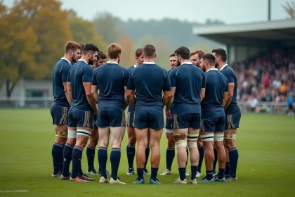 Joueurs de rugby en cercle tactique lors d'un match de Fédérale 3 sur un terrain en herbe en France