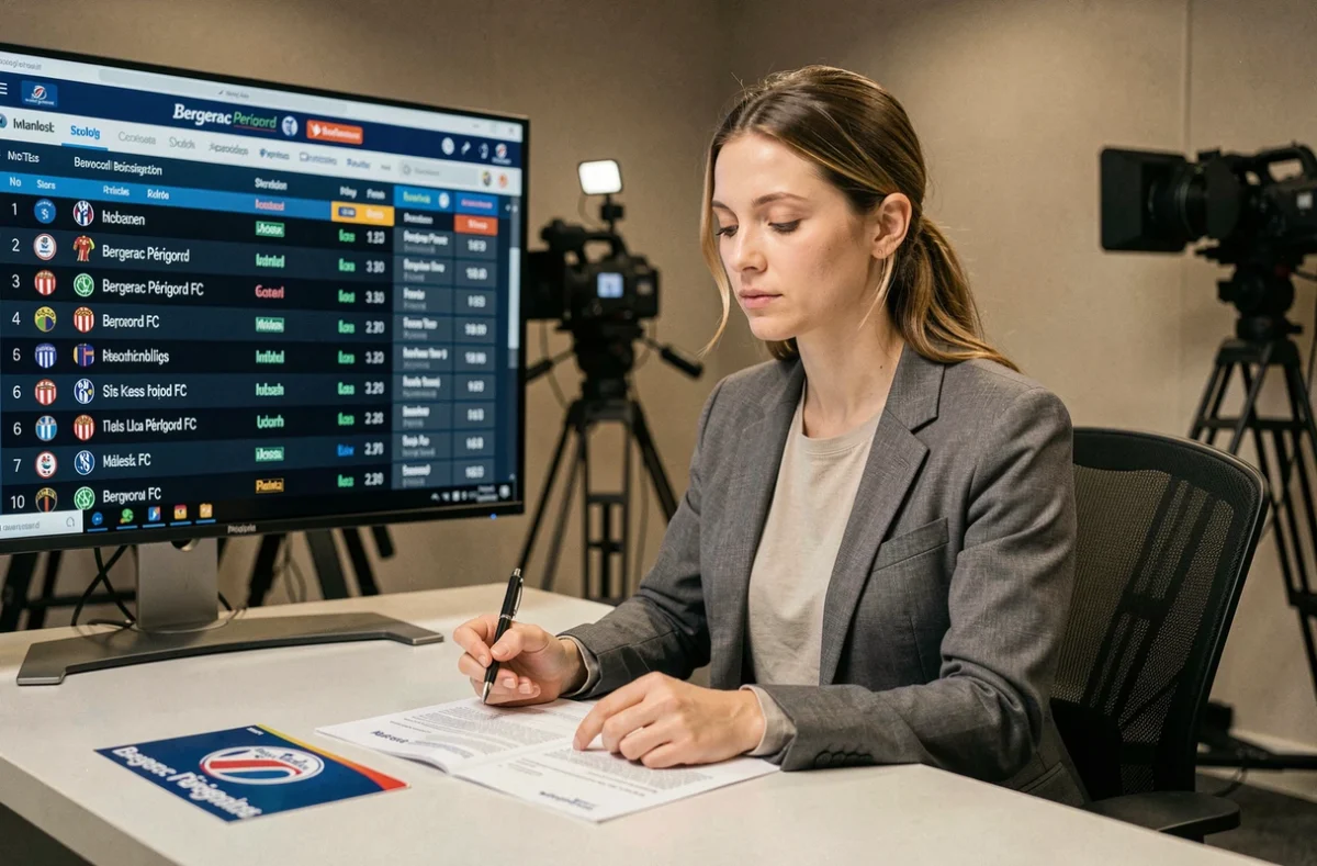 Journaliste sportive présentant le classement en direct du Bergerac Périgord FC sur un écran de studio
