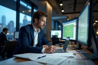 Journaliste sportif analysant des données tactiques du FC Barcelone dans une salle de rédaction moderne