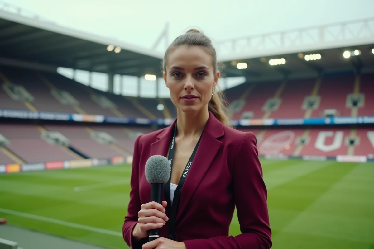 Journaliste sportive féminine en direct au bord du terrain d'un grand stade de football
