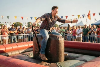 Homme chevauchant un taureau mécanique lors d'un festival en plein air avec une foule de spectateurs autour