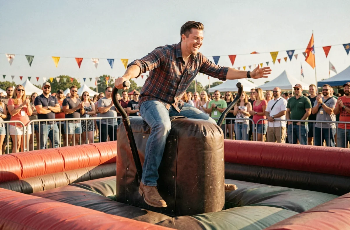 Homme chevauchant un taureau mécanique lors d'un festival en plein air avec une foule de spectateurs autour