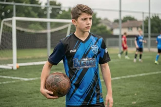 Jeune joueur de football portant un maillot Blue Lock lors d'un entraînement en club sur un terrain en herbe