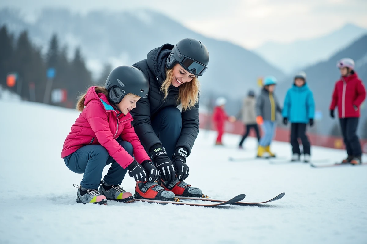 Maman aidant sa fille à enfiler ses skis en montagne
