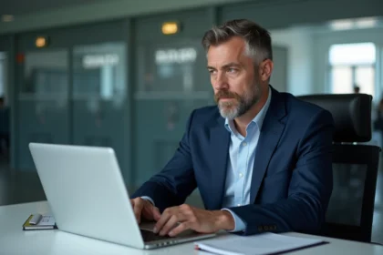 Manager de club sportif en costume dans un bureau moderne