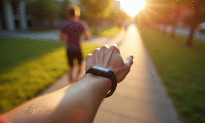 Homme en forme marche dans un parc urbain ensoleille avec un tracker dactivite
