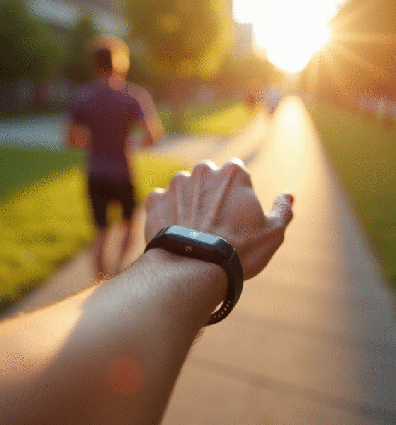 Homme en forme marche dans un parc urbain ensoleille avec un tracker dactivite
