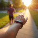 Homme en forme marche dans un parc urbain ensoleille avec un tracker dactivite