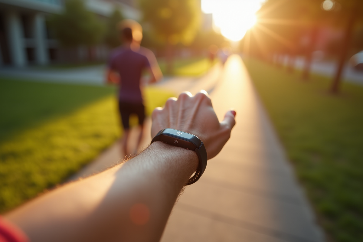 Homme en forme marche dans un parc urbain ensoleille avec un tracker dactivite