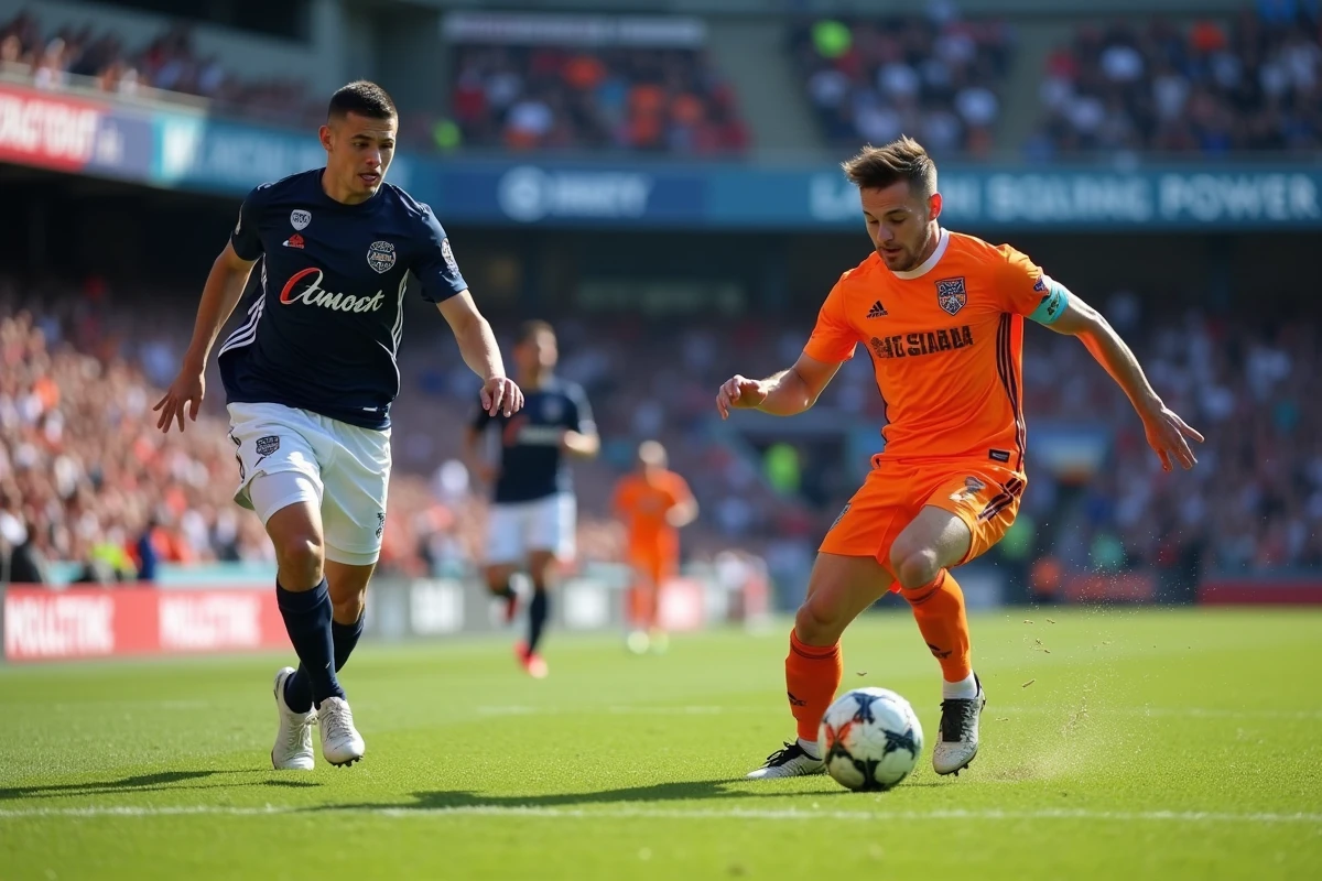 Deux joueurs de football australien A-League en duel pour le ballon sur la pelouse lors d'un match avec des supporters en arrière-plan