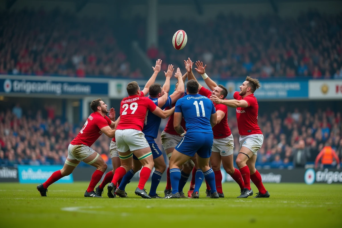 Alignement contesté lors d'un match de rugby Fédérale 2 entre deux clubs français devant des tribunes de supporters