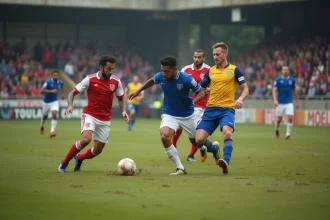 Match de football amateur en Haute-Loire dans un stade de district avec deux équipes en duel au milieu du terrain