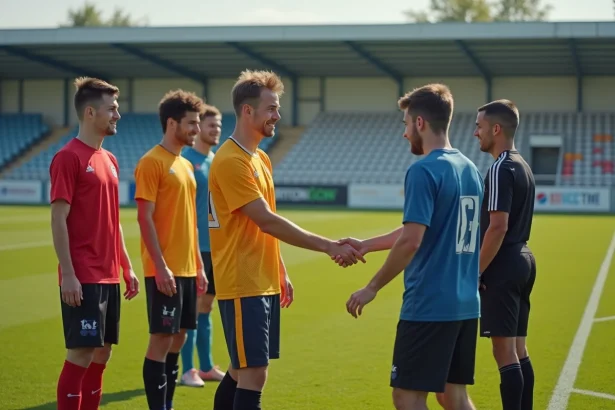 Joueurs de football amateur de l'Essonne saluant un arbitre avant un match de compétition départementale FFF 91