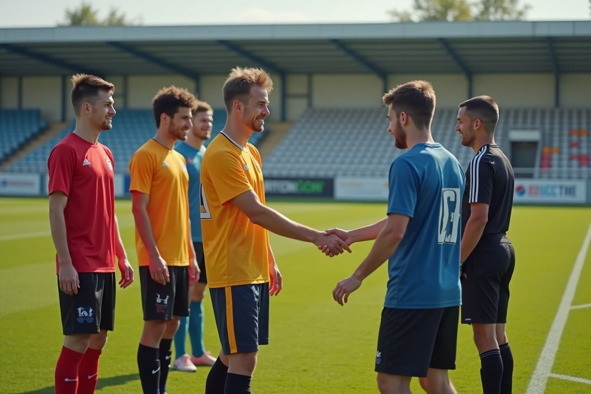 Joueurs de football amateur de l'Essonne saluant un arbitre avant un match de compétition départementale FFF 91