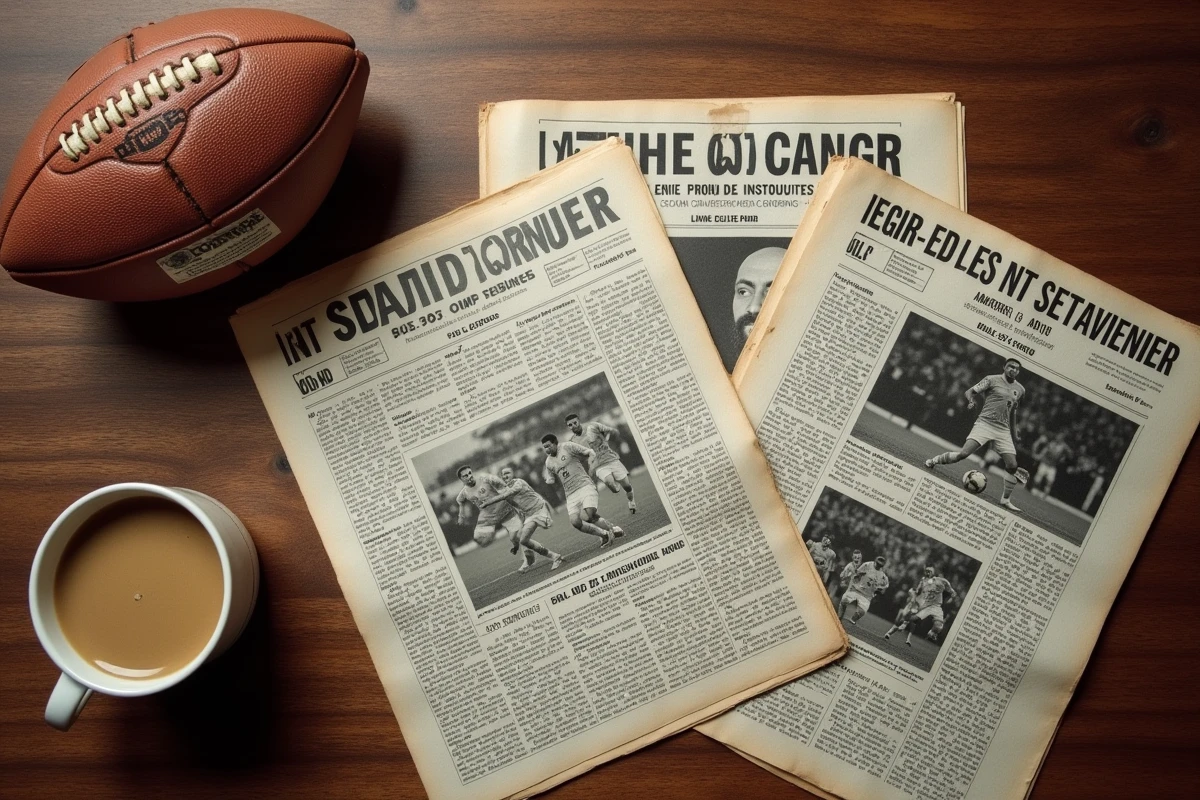 Coupures de journaux et programmes vintage étalés sur une table évoquant les scores historiques des matchs OL-OM