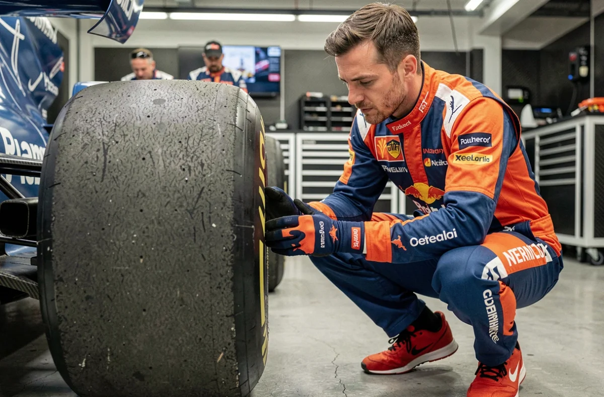 Mécanicien F1 inspectant un pneu en garage lors des préparatifs de course 2026